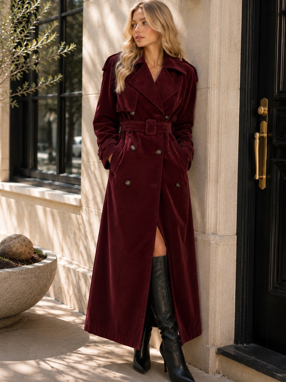 🌨️COMMENSE Belted Double-Breasted Suede Effect Long Trench Coat
